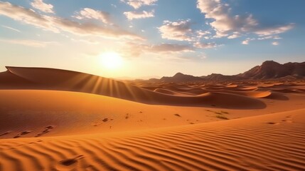Fototapeta na wymiar Journey into the heart of a barren desert, where the setting sun paints the vast landscape with its golden rays. The sand, unyielding and unforgiving. Generated by AI.