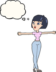 freehand drawn thought bubble cartoon woman spreading arms