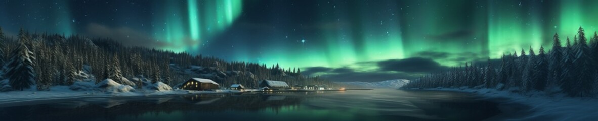 Naklejka na ściany i meble Starry night aurora panorama. Beautiful illustration picture. Generative AI
