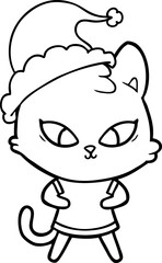 cute hand drawn line drawing of a cat wearing santa hat