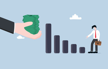 Business takeover, merger and acquisition, selling bad business to big company concept, Big businessman hand offer money to poor company owner.