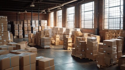 Enter a bustling warehouse, a dynamic space filled with stacks of parcels ready for their onward journey. Generated by AI.