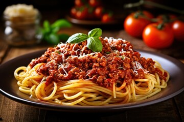 Spaghetti Bolognese in a Plate. Generative AI illustration.