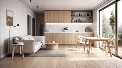 Spacious modern Scandinavian kitchen with dining area and relax area. Wooden furniture and flooring, light textiles, white walls, large panoramic windows. Light natural colors. Generative AI
