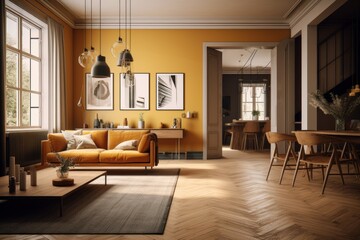 Modern classic living room with dining area. Walls and soft sofa in shades of yellow, French parquet, coffee table, vintage carpet, posters on the walls. Generative AI