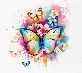 Obraz na płótnie Canvas watercolor beautiful butterflies and colorful flowers