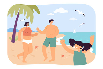 Obraz na płótnie Canvas Happy mother, father, daughter spending time on beach together. Cheerful family having fun and relaxing at sea vector illustration. Summer, vacation, family, active lifestyle, tourism concept