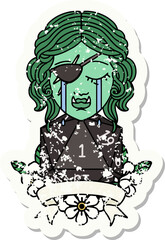 Retro Tattoo Style crying orc rogue character with natural one roll