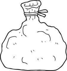 freehand drawn black and white cartoon tied sack