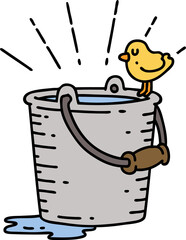 illustration of a traditional tattoo style bird perched on bucket of water