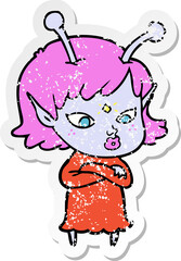 distressed sticker of a pretty cartoon alien girl