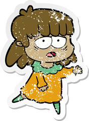 distressed sticker of a cartoon tired woman