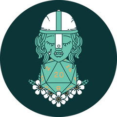 icon of half orc fighter character with natural twenty dice roll