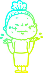 cold gradient line drawing of a cartoon annoyed old lady