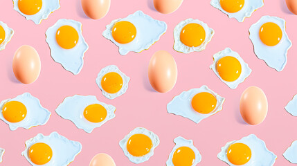 Fried eggs on pink background. Generative Ai illustration