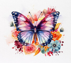 watercolor beautiful butterflies and colorful flowers