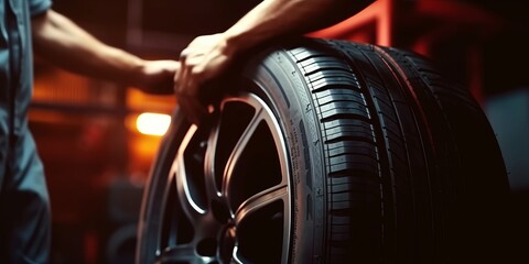Close up view. Tire at repairing service, in garage, with worker. Beautiful illustration picture. Generative AI