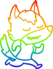 rainbow gradient line drawing of a friendly cartoon wolf