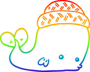 rainbow gradient line drawing of a cartoon whale wearing hat