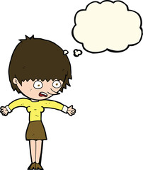 cartoon woman panicking with thought bubble