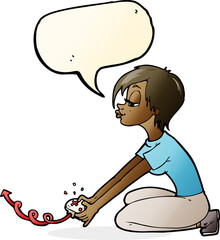 cartoon girl playing computer games with speech bubble