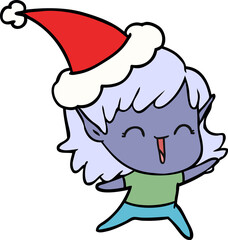 hand drawn line drawing of a elf girl wearing santa hat