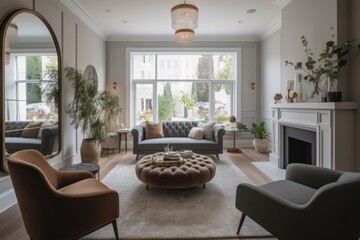 Fototapeta premium Luxurious classic living room, comfortable sofa, armchairs and ottoman, fireplace, round mirrors on the walls, decorative plants. Combination of white, gray and beige colors. Generative AI