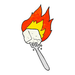 freehand drawn texture cartoon flaming tofu on fork