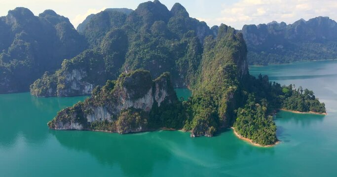 Aerial view video The most beautiful mountain and lake views in Thailand. Cheow Lan Dam, Surat Thani Province Thailand. High quality footage ProRes422
