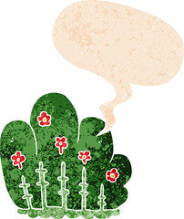 cartoon hedge with speech bubble in grunge distressed retro textured style