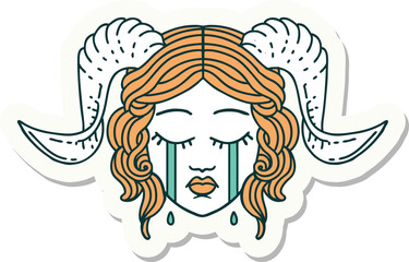 sticker of a crying tiefling face