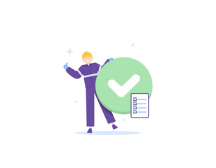 worker or laborer with tick symbol. workers who can comply with regulations and can complete work assignments. the right thing to do at work. notices and regulations. industrial workers. illustration 