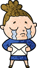 cartoon crying woman with letter