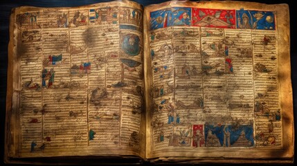 Behold the mesmerizing sight of an illuminated ancient manuscript, its delicate pages adorned with intricate illustrations and cryptic symbols. Generated by AI.