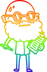 rainbow gradient line drawing of a cartoon worried man with beard and sunglasses taking survey