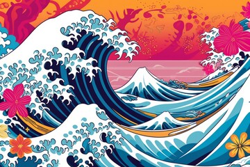 Waves in tropical colors and asian patterns. Beautiful illustration picture. Generative AI
