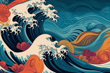 Waves in tropical colors and asian patterns. Beautiful illustration picture. Generative AI