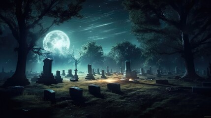 In the ethereal glow of moonlight, a hauntingly beautiful graveyard comes to life, enveloped by the presence of whispering spirits. Generated by AI.