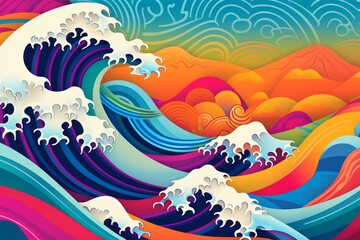 Fototapeta na wymiar Waves in tropical colors and asian patterns. Beautiful illustration picture. Generative AI