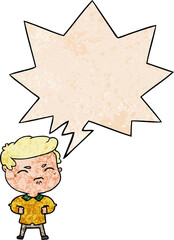 cartoon annoyed man with speech bubble in retro texture style