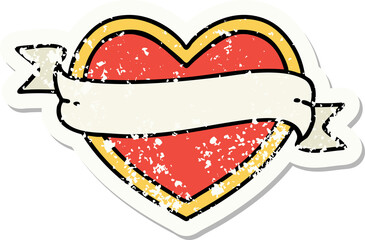 distressed sticker tattoo in traditional style of a heart and banner