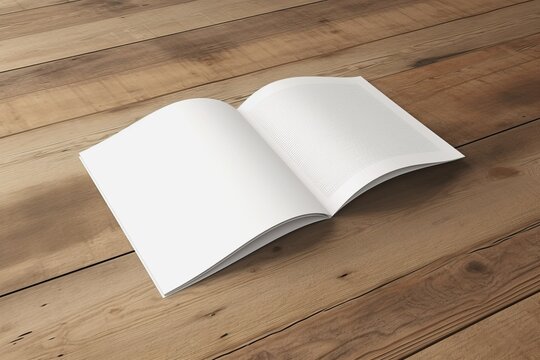 open book on wooden background, blank brochure mockup, open book on wooden table, open book on wood background, Generative AI