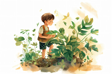 illustration of kid playing plant made with Generative AI