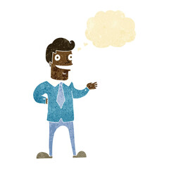 cartoon salesman with thought bubble