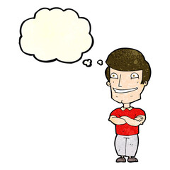 cartoon grinning man with thought bubble