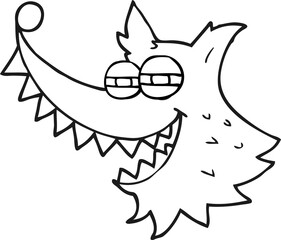 freehand drawn black and white cartoon crazy wolf