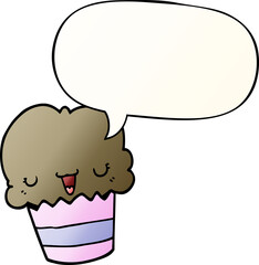 cartoon cupcake with face with speech bubble in smooth gradient style