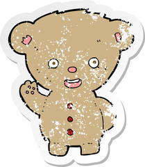 retro distressed sticker of a cartoon teddy bear waving