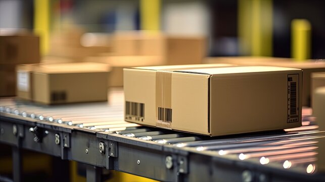 Experience the seamless logistics of a shipping hub as packages are seamlessly loaded onto a conveyor belt. From small parcels to bulky shipments. Generated by AI.