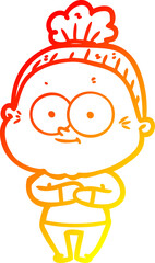 warm gradient line drawing of a cartoon happy old woman